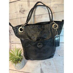 Coach Black Patent Leatherware Tote Bag With Circular Stitching Pattern & Silver